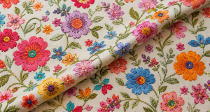 Vibrant multi-color floral embroidery patterns spread across a fabric surface