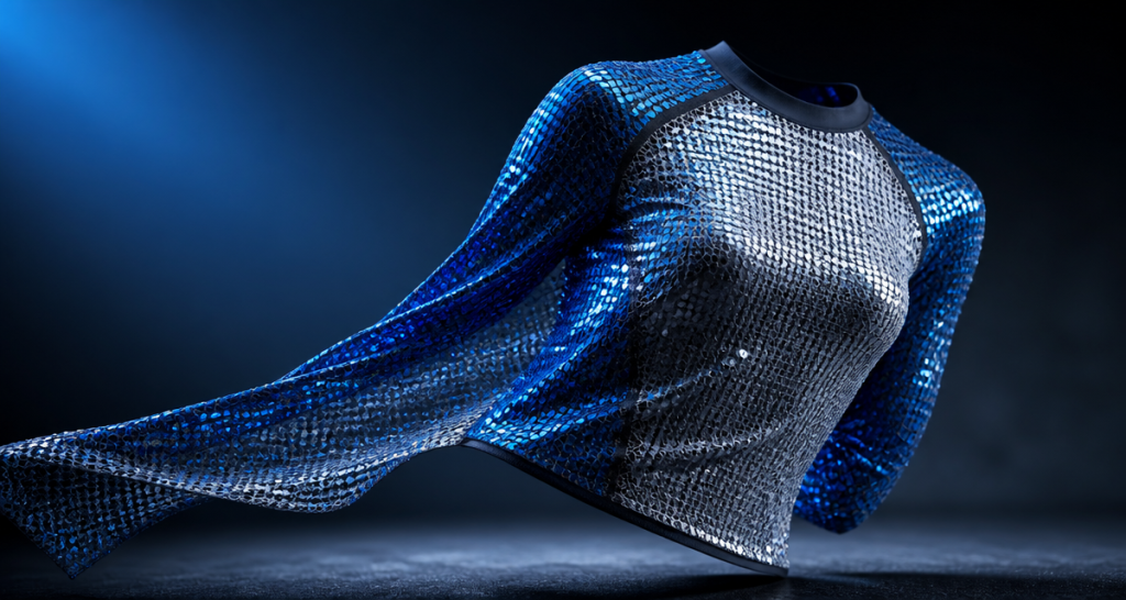 Electric blue and silver micro-sequin performance mesh fabric garment floating against a dark dramatic studio backdrop