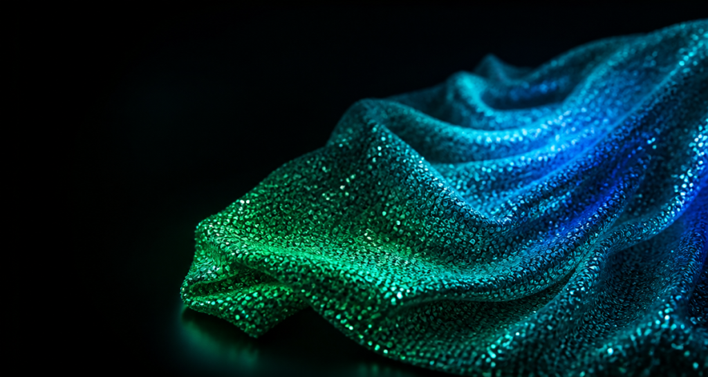 Sequined fabric glowing in soft neon green and blue under low light