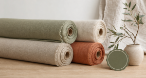Four rolls of textured fabric in sage green, cream, beige and burnt orange stacked on a light wooden surface with a potted olive branch and a green scalloped label