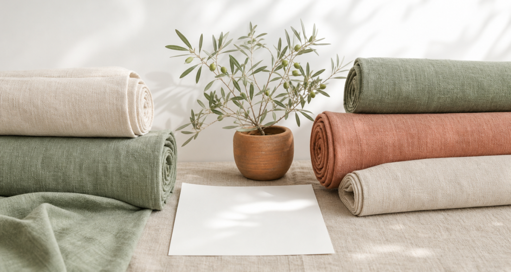 Eco-friendly recycled fabric rolls in oat, sage and terracotta with an olive branch for GRS certification sourcing