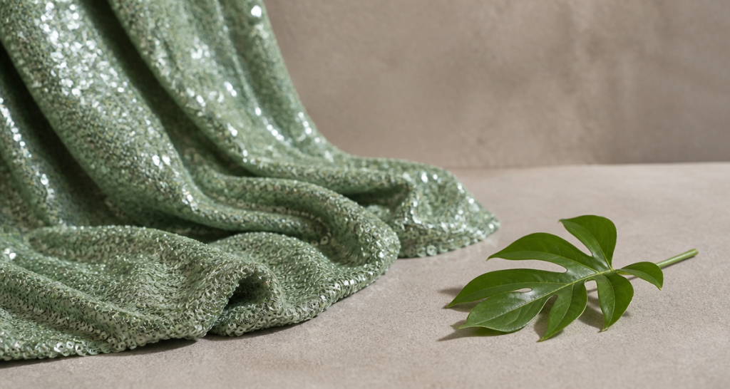 Sage-green recycled sequin fabric draped beside a fresh green leaf on a neutral stone surface in soft daylight