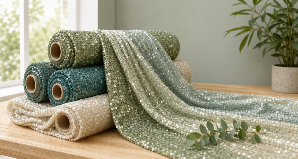 Rolls and a draped panel of recycled sequin fabric in sage green, dark teal and cream on a light oak workbench with a eucalyptus sprig, bright sustainable atelier with a window and a potted plant in the background