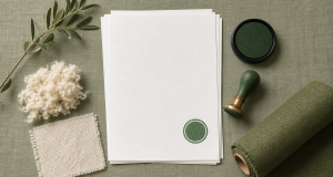 A top-down flat-lay on sage-green linen with blank white certificate pages bearing a green circular seal, a green hand stamp and ink pad, a roll of sage fabric, cream fibers and an olive sprig