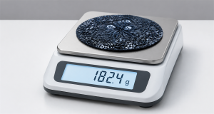 Digital scale weighing a round textile sample showing 182.4 grams for GSM verification