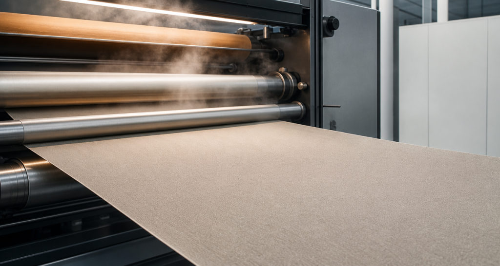 Woven fabric passing through industrial heat-set finishing rollers with soft steam for low-shrinkage stability