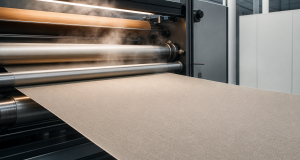 Woven fabric passing through industrial heat-set finishing rollers with soft steam for low-shrinkage stability