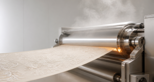 Industrial heat-setting machine with steaming rollers finishing embroidered fabric