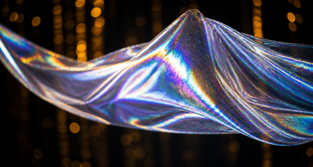Silver holographic fabric panel flowing in mid-drape with prismatic color shifts under a spotlight with warm bokeh lights on a dark stage