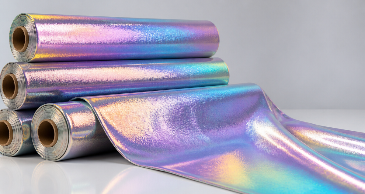 Holographic fabric rolls showing iridescent surface effects for wholesale sourcing