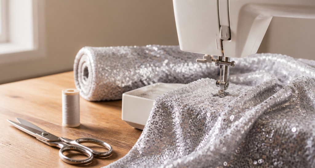 Sewing machine needle stitching silver sequin fabric with a thread spool and fabric shears on a wooden sewing table