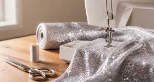 Sewing machine needle stitching silver sequin fabric with a thread spool and fabric shears on a wooden sewing table