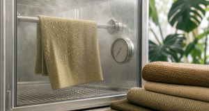 A tan textured fabric hanging inside a steamy glass testing chamber with a round gauge, folded earthy-toned cloths and green plants in the background