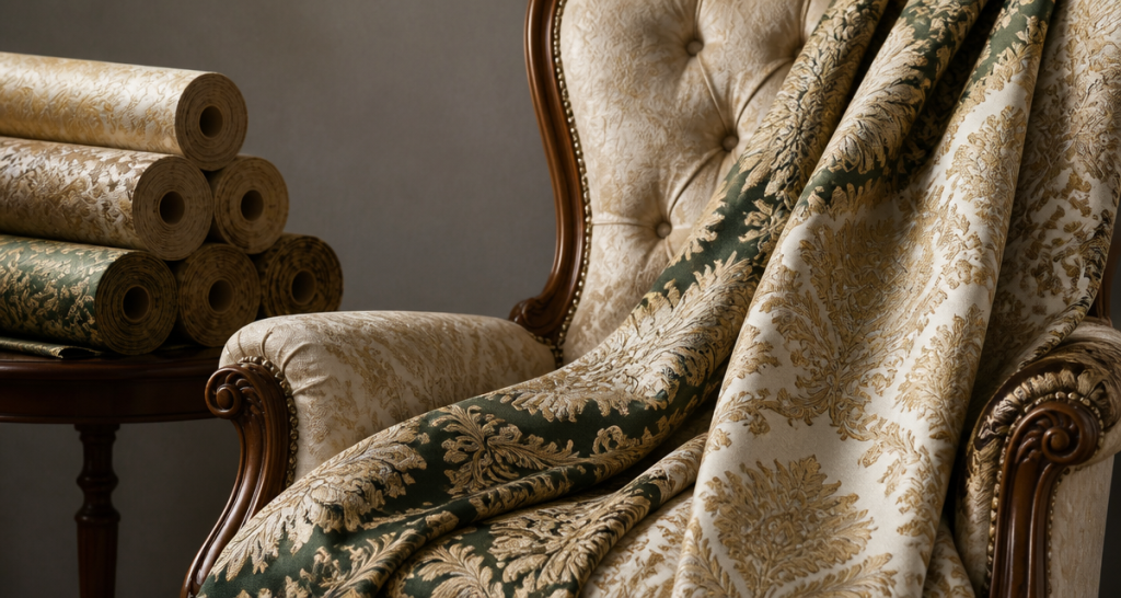 Ornate jacquard upholstery fabric in ivory, gold and deep green draped over a classic armchair with fabric sample rolls