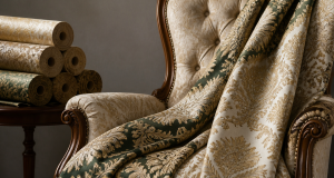 Ornate jacquard upholstery fabric in ivory, gold and deep green draped over a classic armchair with fabric sample rolls