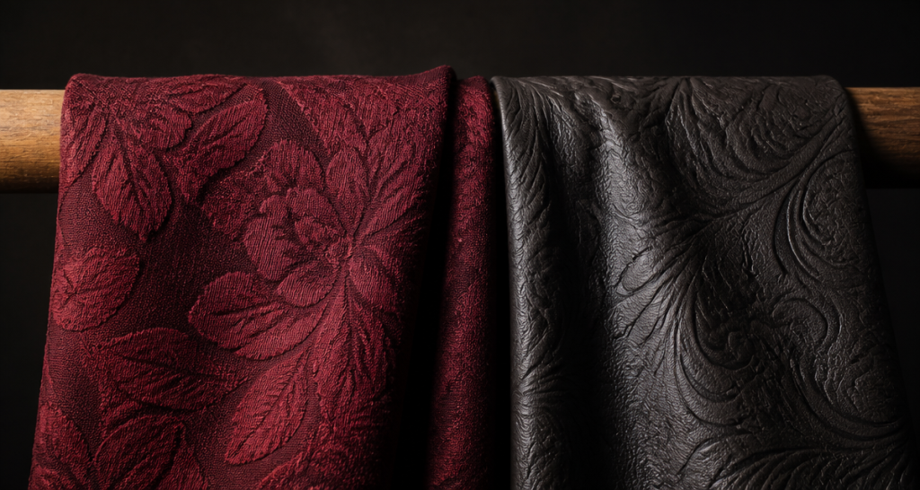 Burgundy jacquard with raised floral motifs and charcoal embossed textile draped side by side over a wooden rail on a dark backdrop