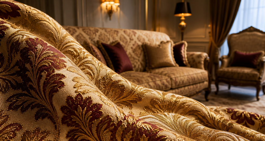 Ornate jacquard damask upholstery in ivory, gold and burgundy leading to a luxury living room interior