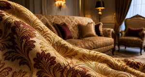 Ornate jacquard damask upholstery in ivory, gold and burgundy leading to a luxury living room interior