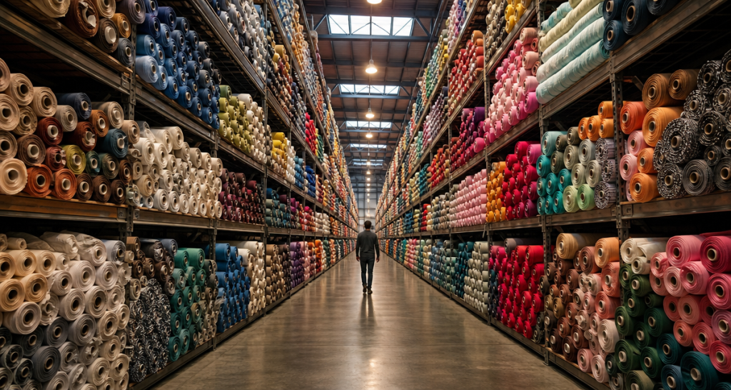 Towering aisles of colorful stacked fabric rolls in a textile wholesale market hall