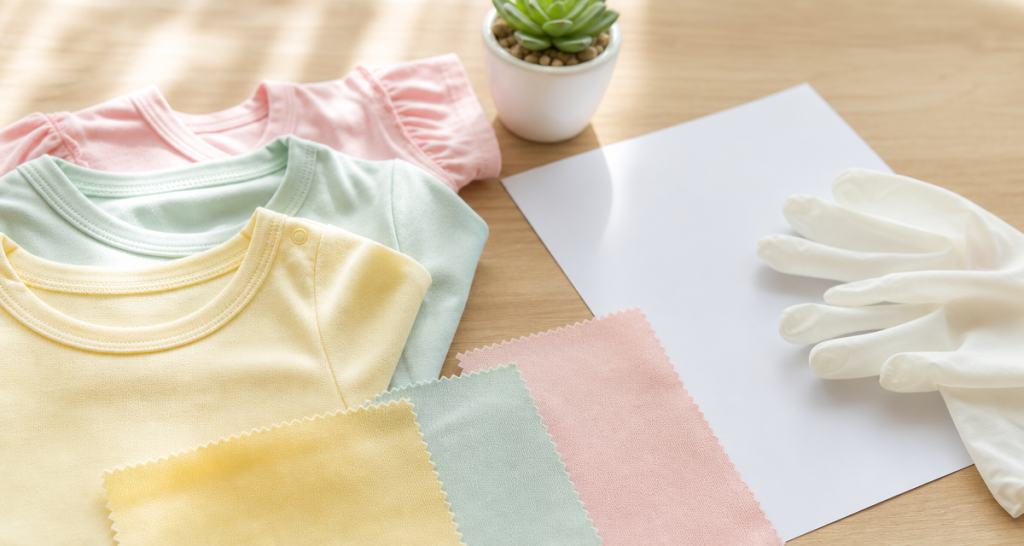 Pastel baby t-shirts in pale yellow, mint and pink with matching pinking-edged fabric swatches on a light wooden table beside white handling gloves, a blank white paper and a potted succulent in soft morning light