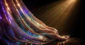 An iridescent sequin fabric panel draped from the top left and pooling on a dark reflective surface, catching a warm theatrical spotlight with prismatic blue, purple, teal and gold sparkle against a black background
