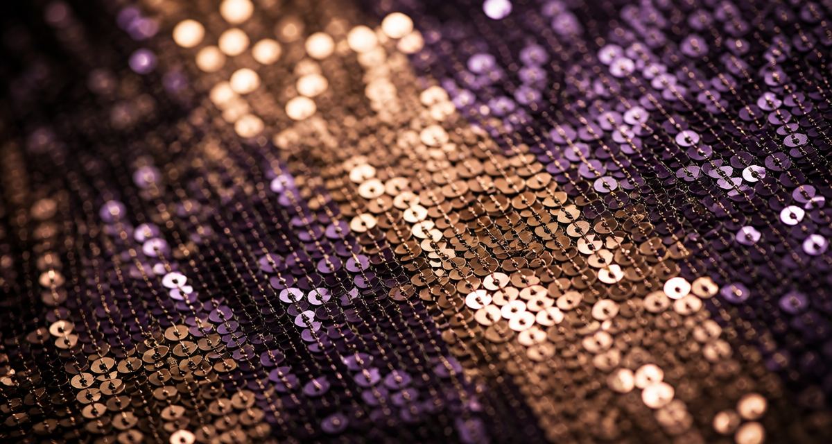Macro close-up of purple and copper sequin fabric showing multi-angle light refraction under studio lighting