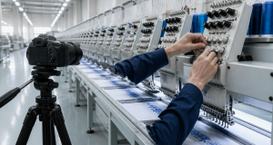 Professional camera on a tripod filming a technician adjusting thread tension on a row of multi-head embroidery machines in a bright factory
