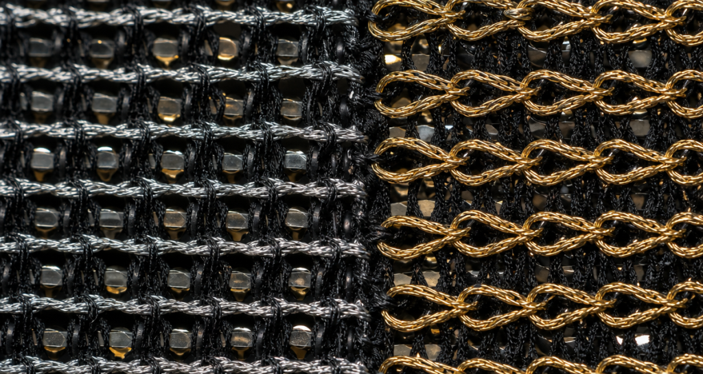 Extreme macro of the reverse side of a sequin fabric divided vertically into two stitching methods: tight interlocking silver lock-stitch cords on the left and looped gold chain-stitch cords on the right, both on a black mesh base under a raking work light