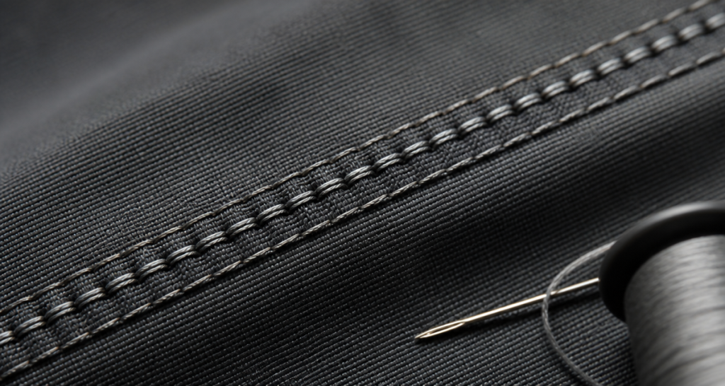Extreme macro of a precise lock-stitch seam on charcoal fabric with a sewing needle and thread spool softly blurred in the corner