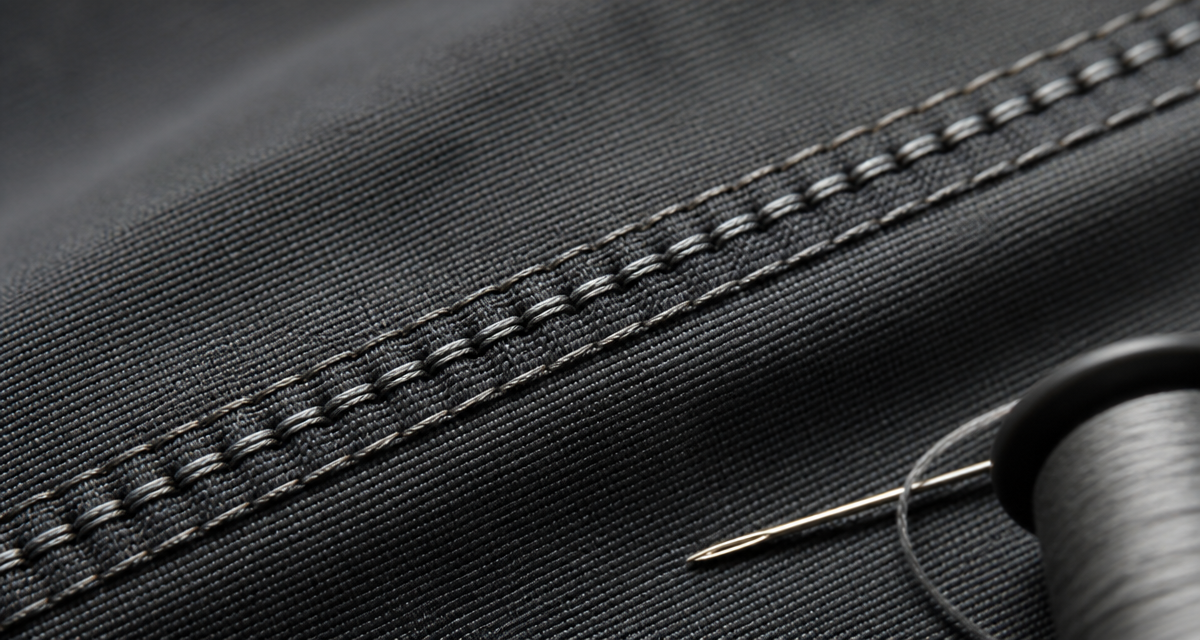 Extreme macro of a precise lock-stitch seam on charcoal fabric with a sewing needle and thread spool softly blurred in the corner