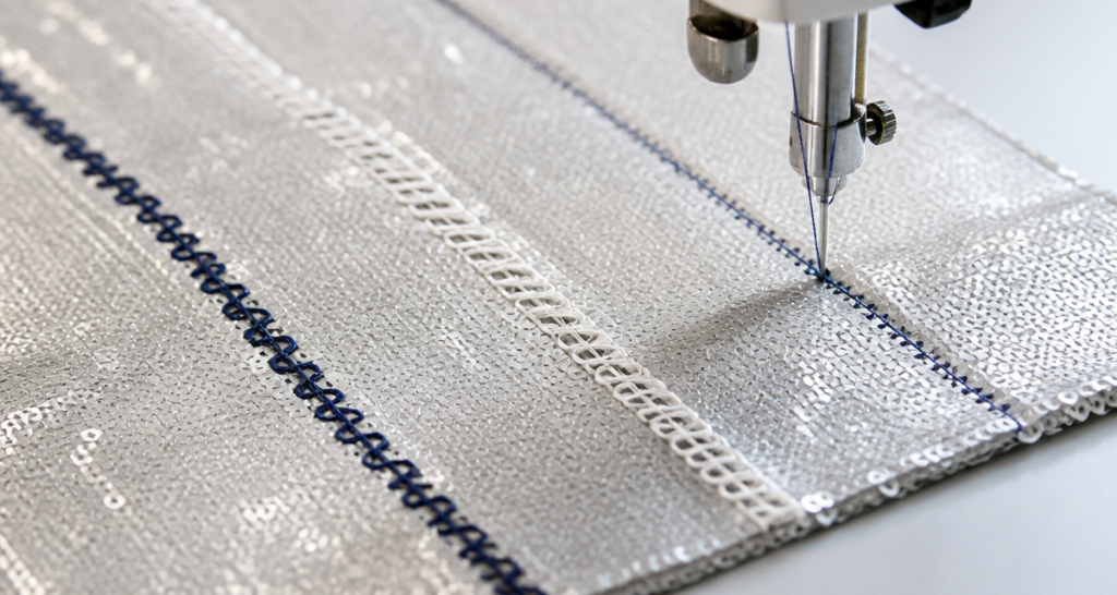 Close-up of lock-stitch and chain-stitch seams sewn on silver sequin fabric with a sewing machine needle working a third seam