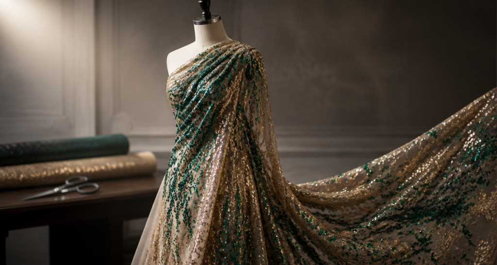 A cream headless mannequin draped in shimmering gold and emerald green sequin evening fabric in a dim elegant atelier, flowing fabric caught mid-air to show its drape, fabric rolls and tailor shears on a dark wooden workbench in the background, dramatic studio lighting