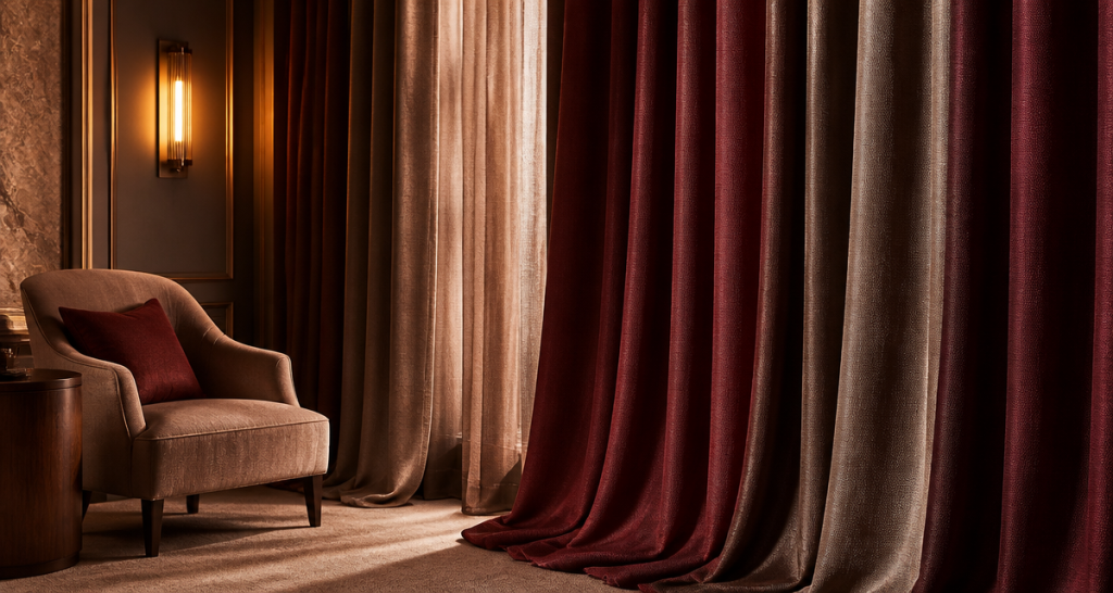 Elegant flame-retardant drapery fabric in deep burgundy flowing in a sophisticated hotel lounge with soft warm light