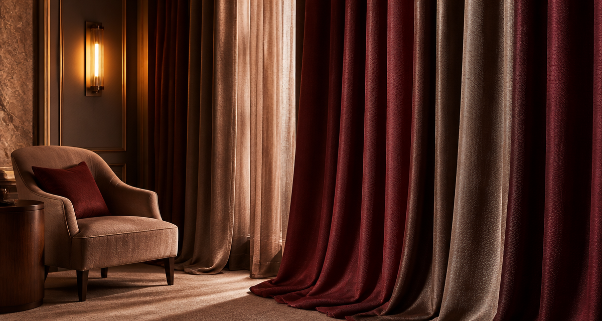Luxury flame-retardant drapery fabric in a hospitality interior