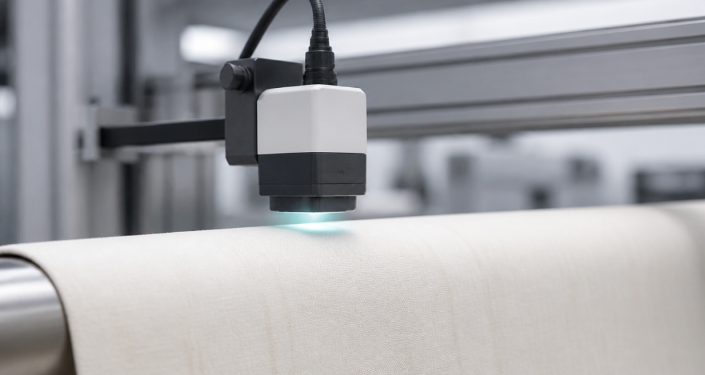 Digital color-matching sensor above a fabric production line measuring dye consistency