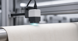 Digital color-matching sensor above a fabric production line measuring dye consistency