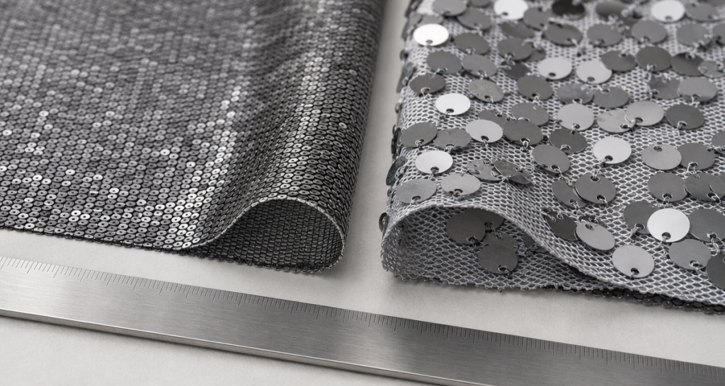 Two sequin fabric samples side by side on a light grey workbench: fine densely set small silver sequins on a dark tight-knit mesh base and larger loose silver paillettes on an open grey mesh, curled edges revealing the mesh structure, a brushed metal ruler at the lower edge