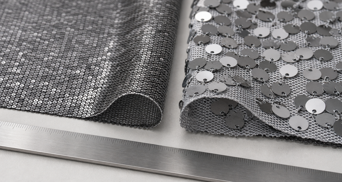 Sequin size selection comparison showing small and large sequins on mesh fabric