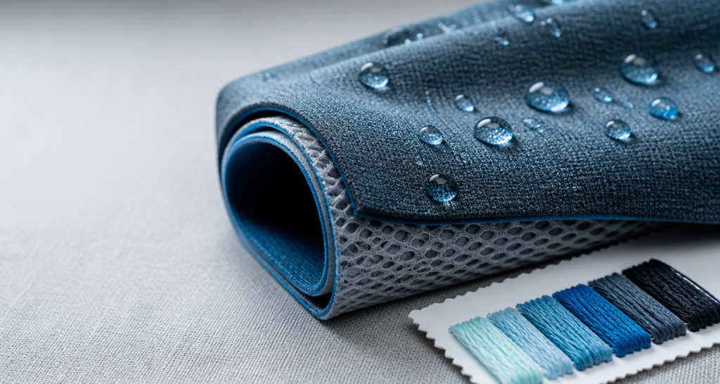 Close-up of moisture-wicking performance knit fabric with water droplets beading on the surface beside a rolled fabric edge