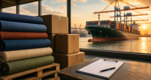 Stacks of fabric rolls in olive, navy, terracotta and blue on a wooden pallet beside sealed cardboard boxes and a clipboard with blank paper, a container ship and gantry cranes visible through a warehouse window at sunset