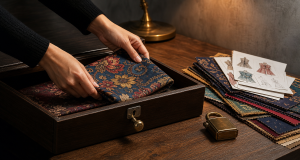 Hands placing a blue and gold floral fabric into a dark wooden box on a desk with fabric swatches, fashion sketches and a brass lock in warm earth tones