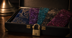 An open black portfolio case secured with a brass padlock holding jewel-tone sequin fabric pattern swatches in navy, purple, emerald and magenta on a dark wooden desk under warm lamp light