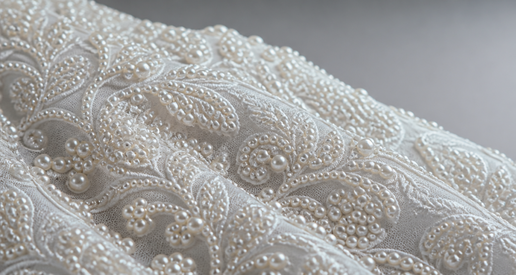 Intricate pearl work with small lustrous pearls stitched into white embroidery threadwork