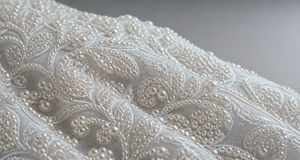 Intricate pearl work with small lustrous pearls stitched into white embroidery threadwork