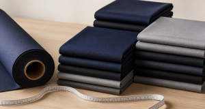 Neat stacks of polyester uniform fabric swatches in navy, charcoal and light grey with a measuring tape on a worktable