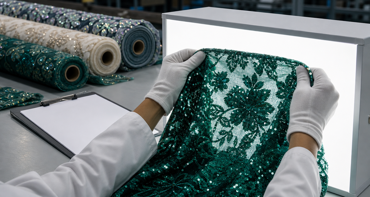 Gloved hands in a white lab coat holding an emerald green sequin-embroidered mesh fabric up to a bright light box, a blank clipboard and stacked rolls of sequin and embroidered fabric on a grey worktable