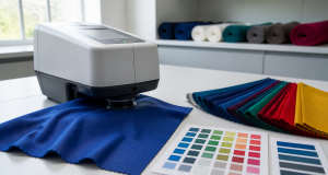A white and gray spectrophotometer measuring a blue fabric sample on a white worktable, surrounded by colorful fabric swatches and color palette cards in a bright laboratory or design studio
