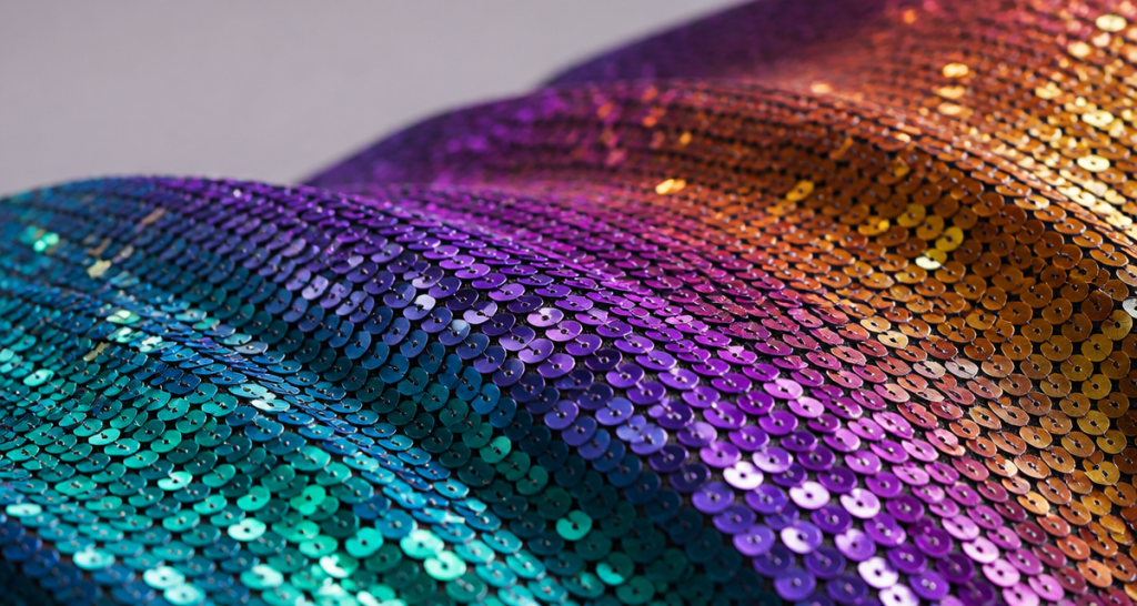 Macro detail of sequins reflecting teal, violet and gold from different angles