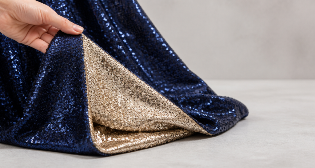 A hand lifting the corner of a two-sided reversible sequin fabric panel revealing deep navy blue sequins on one side and champagne-gold sequins on the reverse, fabric draped and pooling on a light stone surface, soft studio light