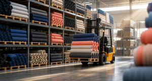 A bright organized textile warehouse with a yellow forklift carrying a pallet of stacked fabric rolls in navy, blue, coral, cream, grey and charcoal, tall racks full of fabric rolls and soft daylight from high windows